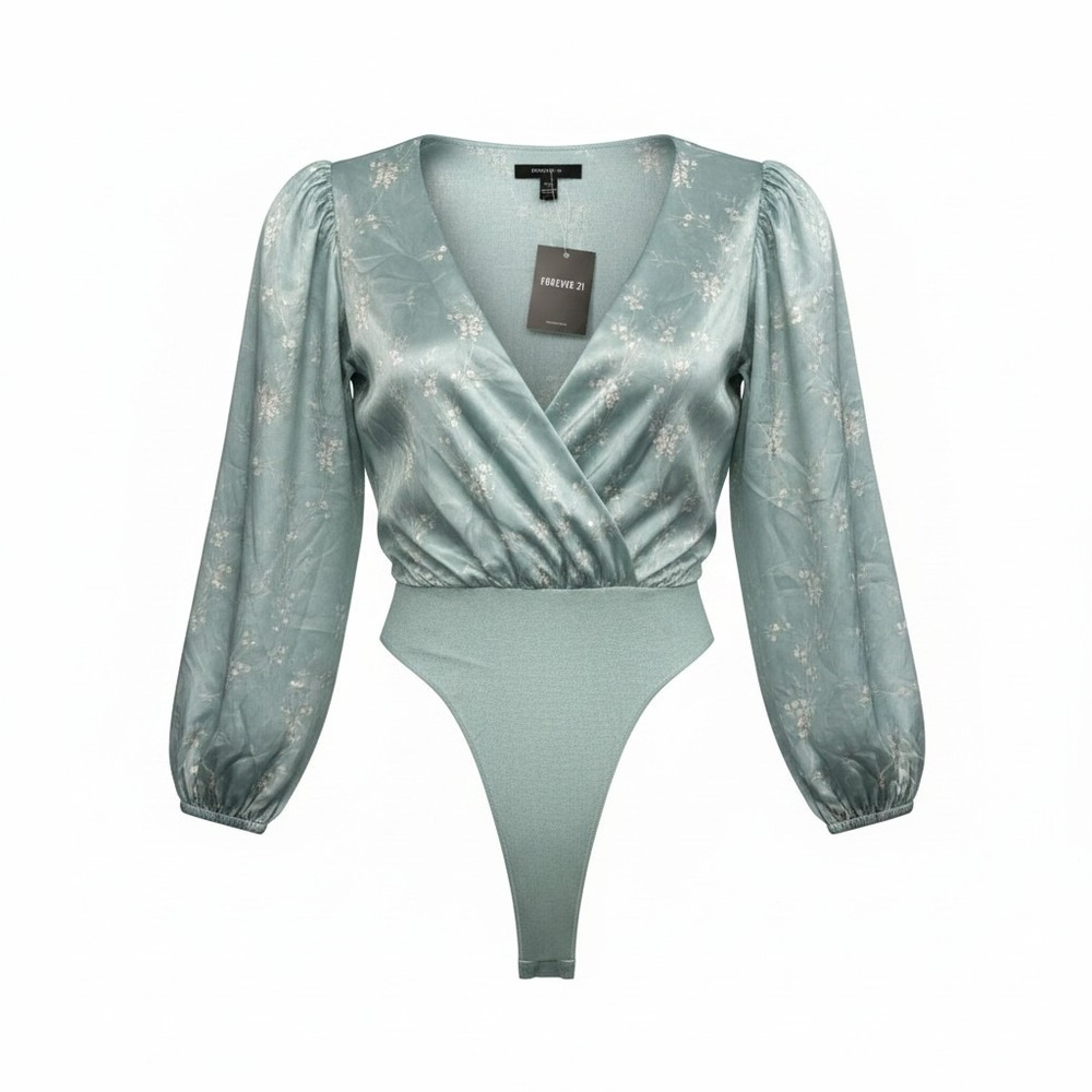Forever 21 Floral Puff Sleeve Bodysuit Womens Small Teal Green Cottagecore NEW